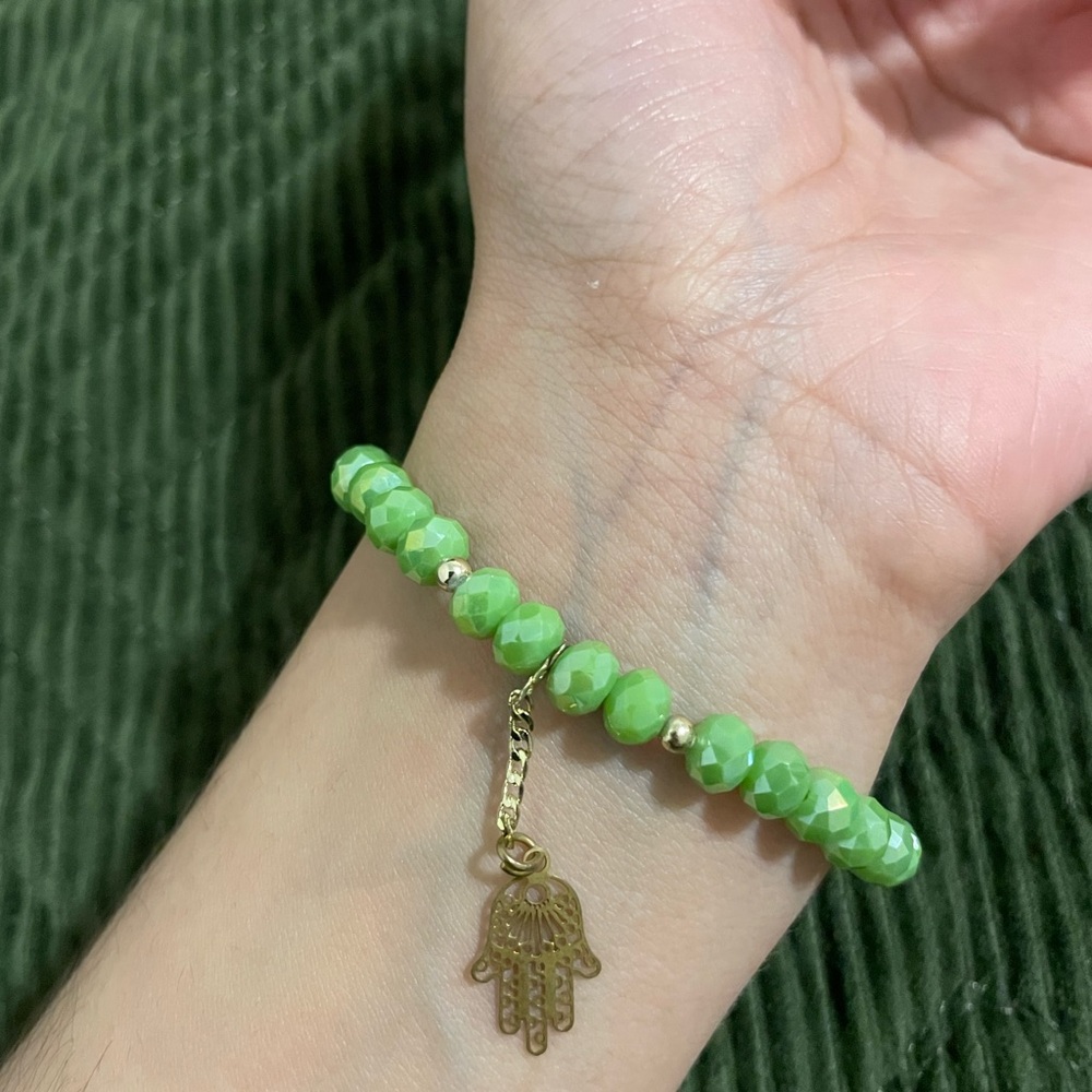 Like Green and Gold Beaded Evil Eye Hand Bracelet
